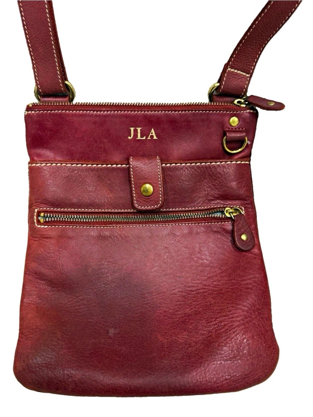 Roots Burgundy Leather Crossbody with Gold Accents